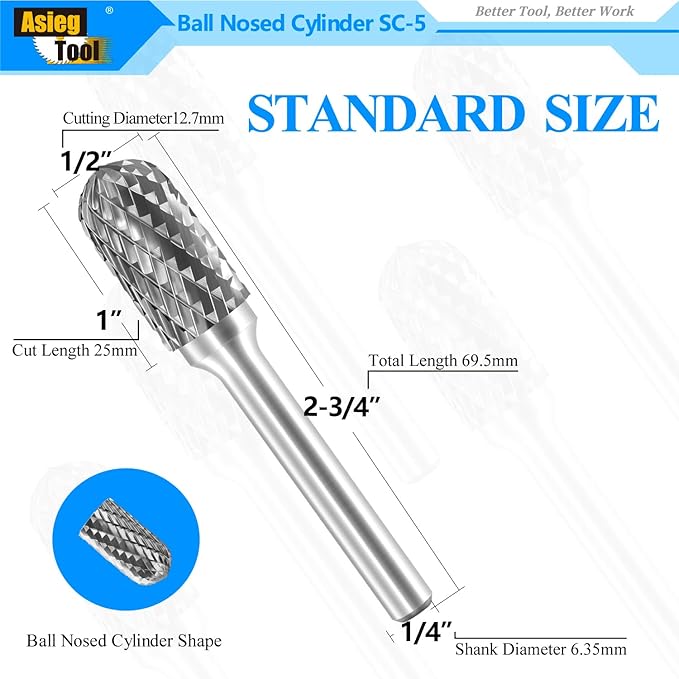 SC-5 Tungsten Carbide Burr Rotary File Cylindrical Shape with Radius End Double Cut with 1/4''Shank for Die Grinder Drill Bit - 5Pcs