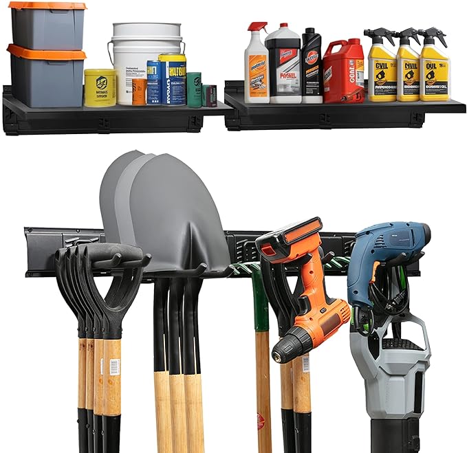 Heavy-Duty Garage Wall Storage System | Wall Mounted Tool Organizer Rack with Shelving | 10-Piece Mounting Kit | Includes 4x8.5??Adjustable Hooks & 2x16.5??Floating Utility Shelves