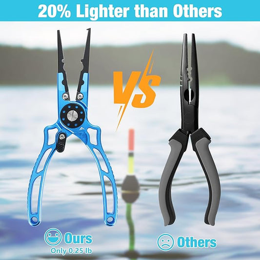 FLISSA 8 Inch Fishing Pliers, Safety Lock Design Fish Pliers Saltwater, Corrosion Resistant Aluminum Hook Remover with Braid Cutters, Sheath and Lanyard, Fishing Tool Gifts for Men