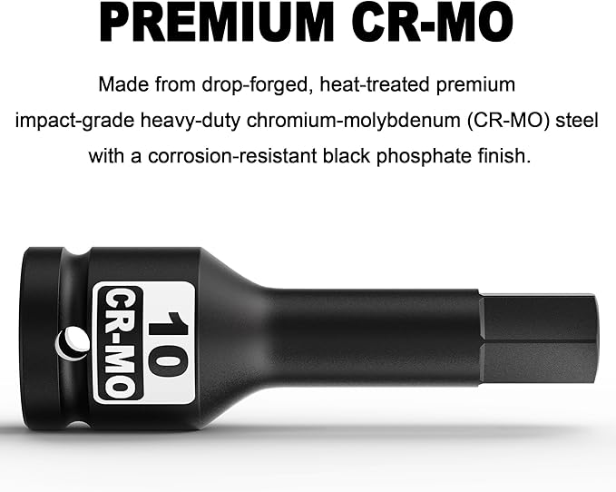 1/2" Drive 10 mm Hex Impact Bit Socket, H10 Allen Bit Socket, Metric, Cr-Mo Steel, Automotive Repair Industrial Maintenance and DIY Enthusiasts Alike