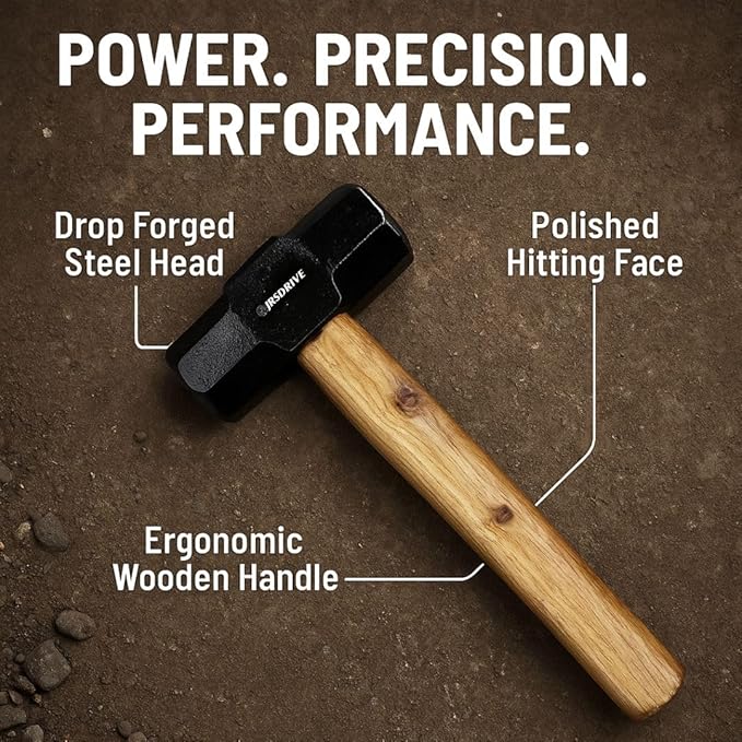 Sledge Hammer 6 lb Wooden Hammer length with 21 inch Polished Hitting Face Metalworking Tools for Home Improvement, Automotive, Industrial, and Construction E-3006