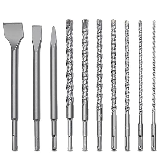 10 PCS 1/4 to 11/16 inch (6-18mm) SDS Plus Rotary Hammer Drill Bits and Chisel Set, 10 inch Length SDS Plus Masonry Drill Bits Set for Concrete, Brick, Cement，Masonry Work,10 inch Length Set