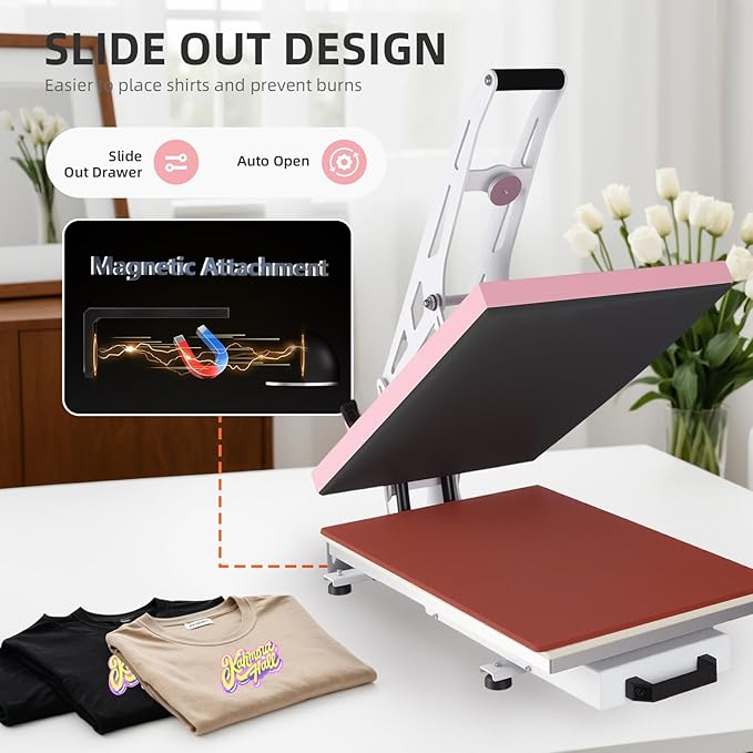 16x24 Heat Press Machine, Semi-Auto Commercial Heat Press, for T Shirts, Garments, Bags, Textiles, Curtains, Mousepads, Perfect for POD & Home DIY & Small Business Customization, Pink