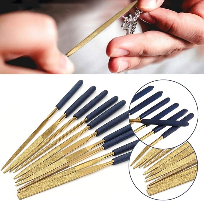 YAKAMOZ 10Pcs Titanium Small Diamond Needle File Set 4x160mm Mini Round Square Flat Shape Riffler Files Precision Hand Tools for Metal Glass Wood Stone Jewelry