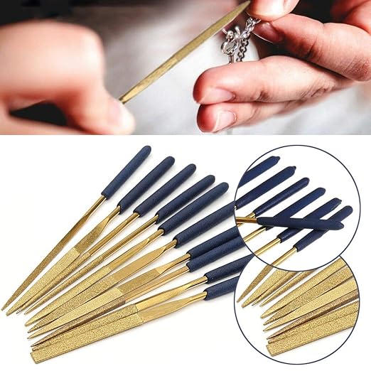 Yakamoz 10 Pcs Titanium Coated Mini Diamond File Set Flat Needle Square Round Triangular Shape Rifler Files for Metal Jewelry Glass Wood Carving Sanding Polishing Tool - 3x140mm
