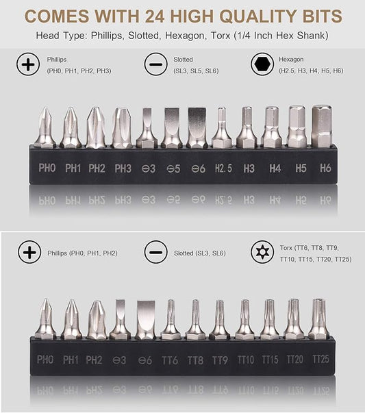 25in1 S2 Steel Mini Ratchet Wrench Screwdriver Bit Set with 1/4" Hex Shank Phillips/Slotted/Hexagon/Torx Bits, 36-Tooth Gear, Magnetic Bit Holder, 90 Degree Offset Reversible Drive Handle