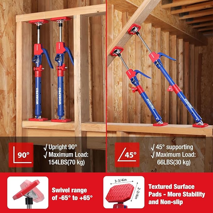 WORKPRO Cabinet Jack Support Pole, 18.5" to 29.5" Steel Telescopic Quick Support Rod Adjustable 3rd Hand Support System with 154 lbs Capacity for Cabinet Jack, Drywall Jack& Cargo Bars, 4-Pack
