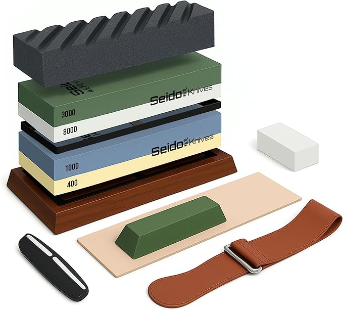 Seido Knives Professional Whetstone Set, Knife Sharpening Stone Kit Dual Grit Whetstone 400/1000 3000/8000 Knife Sharpener with Leather Strop