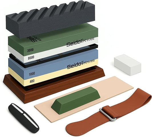 Seido Knives Professional Whetstone Set, Knife Sharpening Stone Kit Dual Grit Whetstone 400/1000 3000/8000 Knife Sharpener with Leather Strop