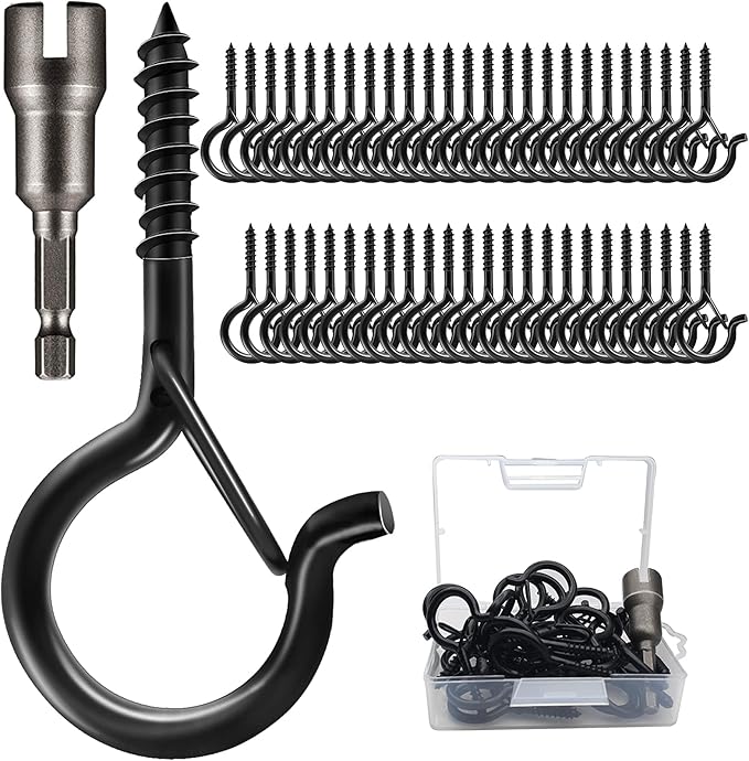 50 PCS Q-Hanger Screw Hooks with Safety Buckle Design Christmas Lights Hanger Hooks Outdoor Wire Fairy Lights and String Lights, Easy to Release, Include 1 Wing Nut Driver