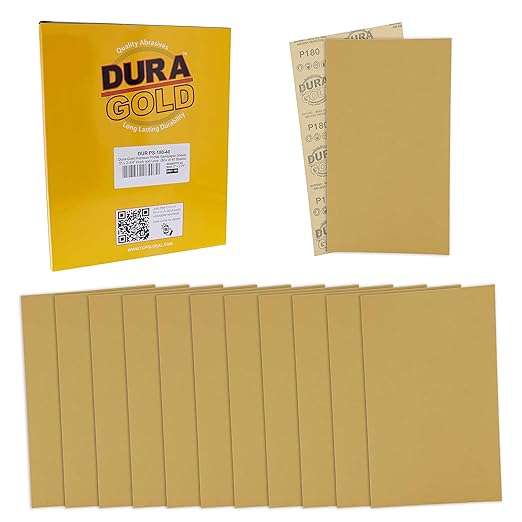 Dura-Gold Premium 5" x 2.75" Gold Sandpaper Sheets, 180 Grit (Box of 40) - Hook & Loop Backing, Wood Furniture Woodworking, Auto Paint - for Palm Sanders, Clip-On, Hand Sanding Blocks