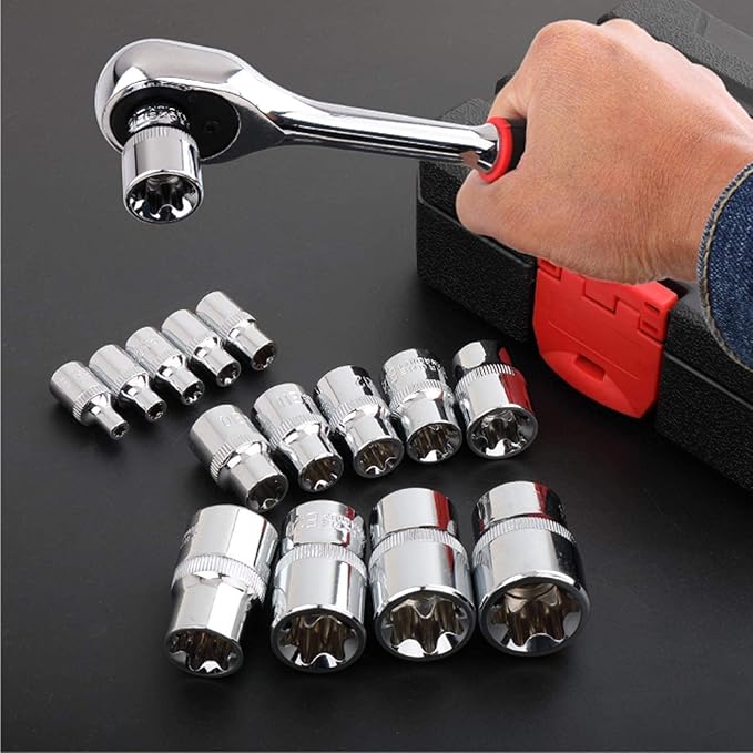 Female E Torx Socket Set with Case, 1/4, 3/8, 1/2 in. Drive E4-E24 External Torque Star Socket Kit, 14Pcs