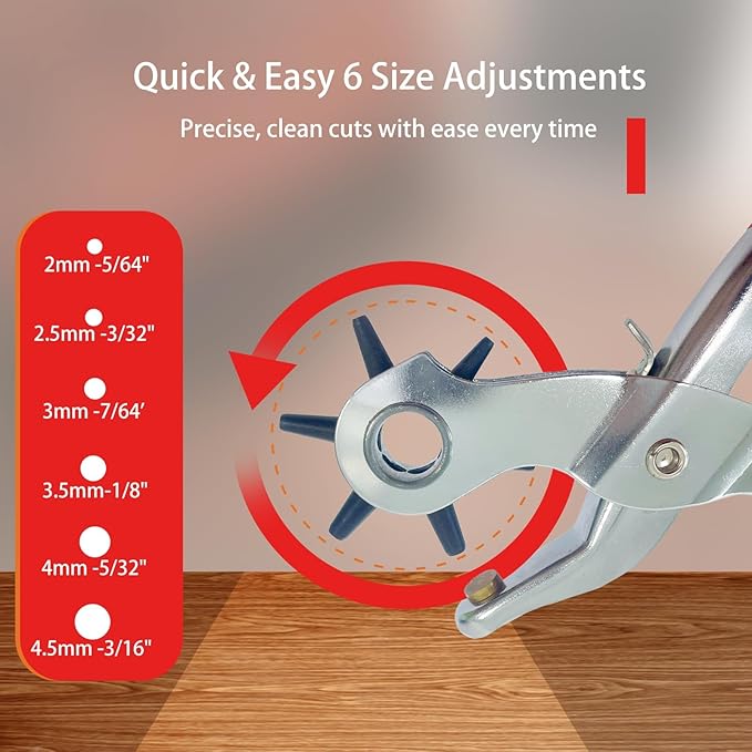 Adorox Heavy Duty Belt Hole Puncher for Leather ??6 Size Revolving Leather Hole Punch Tool with Ruler & Deburring File, Perfect for Straps, Belts, DIY Leathercraft, and Repair