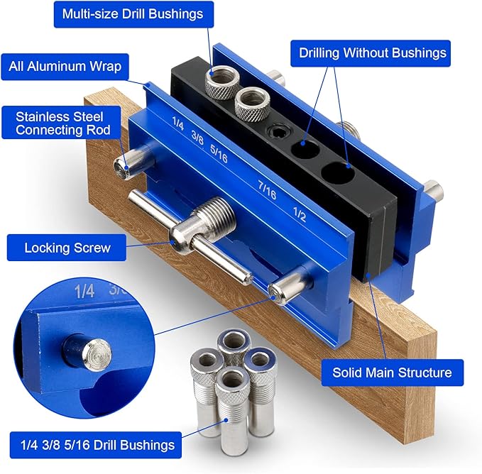 Self Centering Dowel Jig Kit, Drill Jig for Straight Holes Biscuit Joiner Set, Adjustable Drilling Guide Wood Working Tools with 3 Drill and 6 Drill Guide Bushings, Wood Doweling Jig for Woodworking