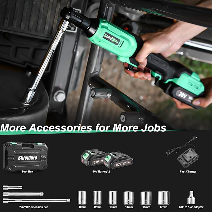 ShieldPro 20V Cordless Ratchet Wrench Set - 3/8" Electric Power Ratchet Kit with 400RPM, LED Work Light, and 2 Batteries, Fast Charger, Sockets, Adapters and Extension Bars (Green)