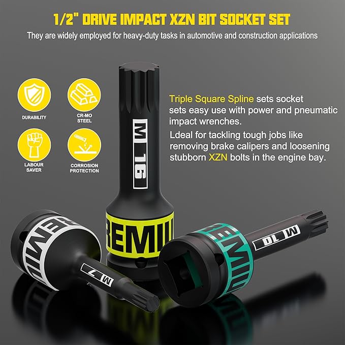 1/2" Drive Impact XZN Bit Socket Set, 10 Piece Impact XZN Triple Square Bit Socket Set, M5 - M18, Cr-Mo Steel, for Fastener Replacement
