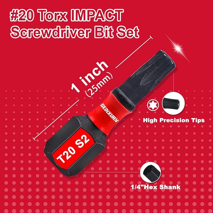 50 Pieces T20 1 In. Impact Tough Magnetic #20 Torx Head Power Bits, S2 Alloy Steel T20 Screwdriver Bits Set with 1Pcs Impact Bit Holder