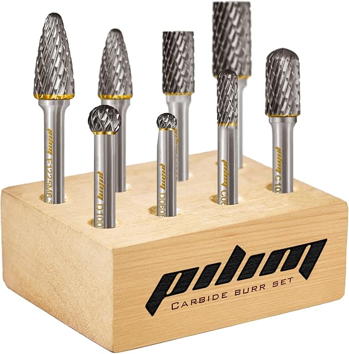 Tungsten Carbide Burr Set 1/4" Shank 8PC Double Cut Rotary Cutting Burrs Die Grinder Bits for Steel and Wood Working, Grinding, Carving, and Engraving