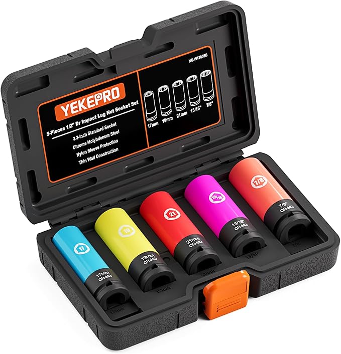 5 Pieces 1/2 inch Drive Impact Lug Nut Socket, Metric/SAE 17mm 19mm 21mm 13/16?쇺?7/8?쇺?Thin Wall Deep Socket Set with Non-Marring Wheel Protectors