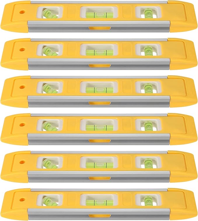 6 Pack 9 Inch Magnetic Torpedo Level with 45, 90, 180 Degree Bubbles, Plastic Shell Shock Resistant Torpedo Level, Yellow Spirit Level Measuring Tool