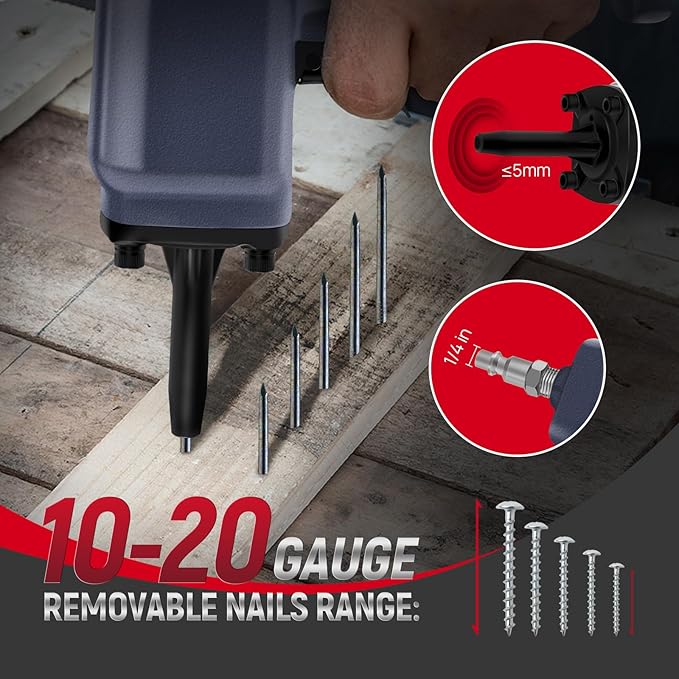 Air Heavy Duty Professional Air Punch Nailer/Nail Remover/Nail Puller. Pneumatic Nailer Removes 10-20 Gauge Nails, Black