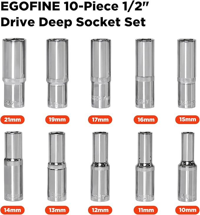 Egofine 10PCS 1/2??Drive Deep Socket Set,Metric Socket Set竊?0mm-21mm,6 Point Socket Set With Hanging Bracket,Cr-V Steel
