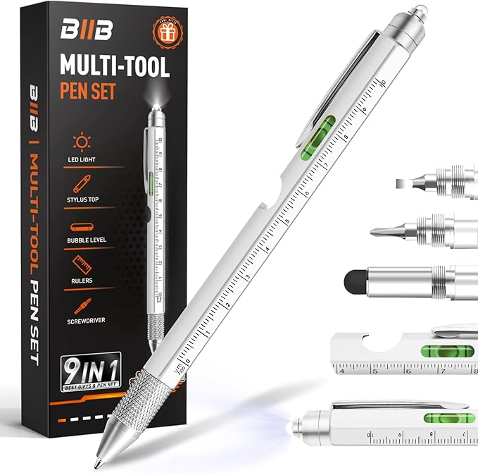 BIIB Gifts for Men 9 in 1 Multitool Pen, Stocking Stuffers for Men Teens Him, Mens Christmas Gifts for Him Dad Husband Grandpa, White Elephant Gifts for Adults, Dad Gifts Gadgets