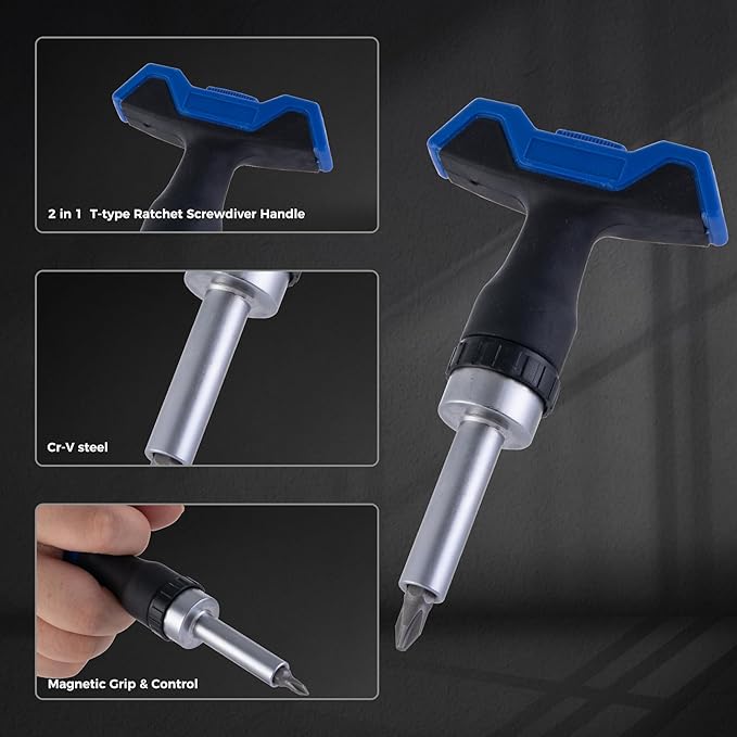 25pc T-Handle Screwdriver Set - Multi Bit Screwdriver Kit (Phillips, Pozi, Slotted, Hex, Torx) & 6pc Precision Bits + 2-in-1 T-Type (Black -25 pieces)