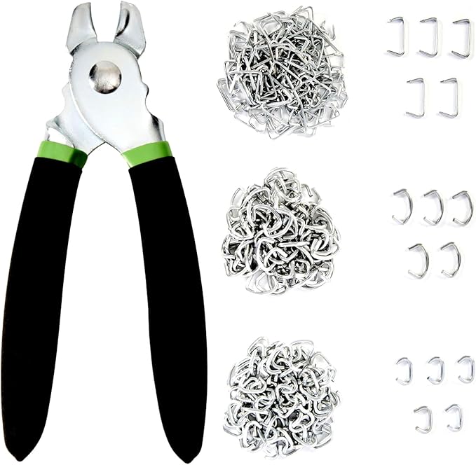 Hog Ring Pliers Kit with 270 Pcs 3/4" 1/2" 3/8" Galvanized Steel Hog Rings,Straight Hog Ring Pliers Kit for Auto Upholstery and Fencing,Bagging,DIYCraft,Furniture(Green)