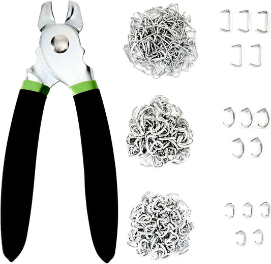 Hog Ring Pliers Kit with 270 Pcs 3/4" 1/2" 3/8" Galvanized Steel Hog Rings,Straight Hog Ring Pliers Kit for Auto Upholstery and Fencing,Bagging,DIYCraft,Furniture(Green)