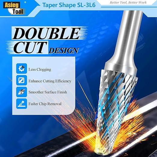 SL-3L6 Tungsten Carbide Burr Rotary File Taper Shape with Radius End Double Cut with 1/4" Shank for Die Grinder Drill Bit