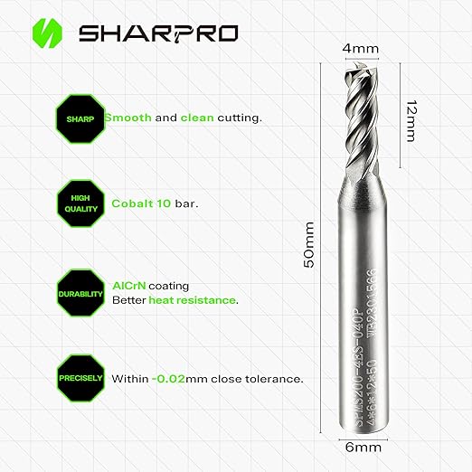6mm Shank End Mill 4mm Cutting Dia. 4 Flutes AlCrN Coated Carbide Square CNC End Mills, Apply for Alloy Steel, Stainless Steel, and Various Cast Iron