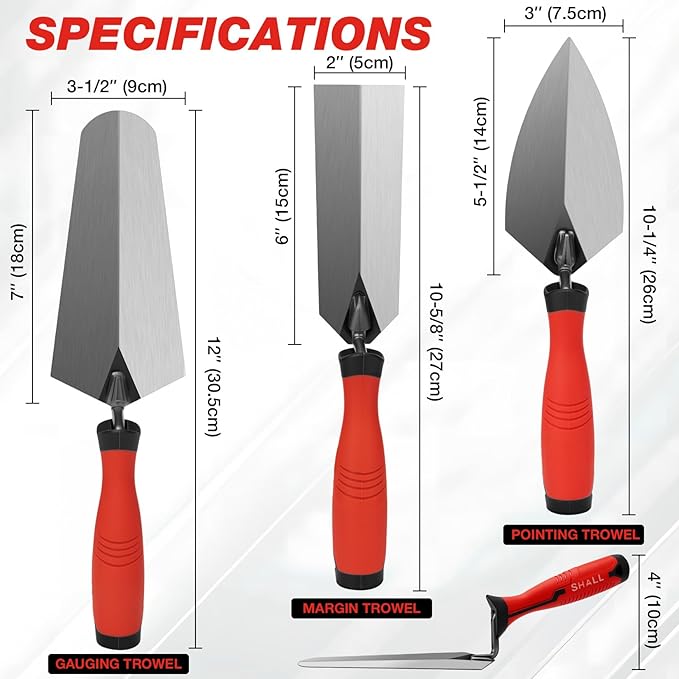 SHALL 3-Piece Masonry Tools Set, 6?쇺?Margin Trowel, 5.5?쇺?Pointing and 7?쇺?Gauging Trowel with Soft Grip Handle, Bricklaying Hand Tool for Concrete, Cement, Plaster, Tile Construction Projects
