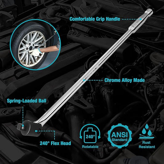 DURATECH Breaker Bar, 1/2'' Drive 24-Inch Breaker Bars Heavy Duty, with 240째 Flex Head, Spring-loaded Detent Ball, Premium Chrome Alloy Made