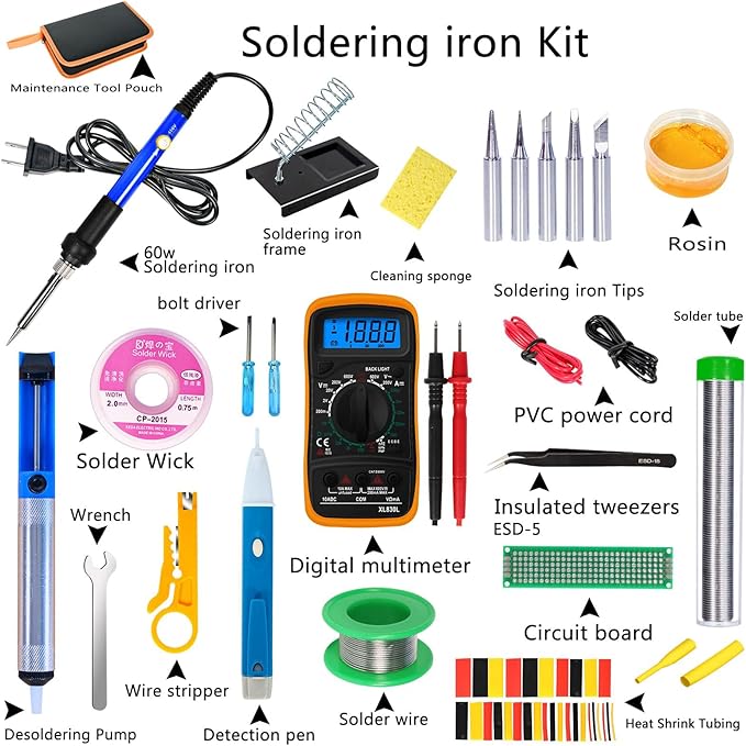 Soldering Iron Kit, 60W Adjustable Temperature, Digital Multimeter, 5pcs Soldering Tips, Wire, Stand, Desoldering Pump, Solder Wick, Tweezers, Welding Tool
