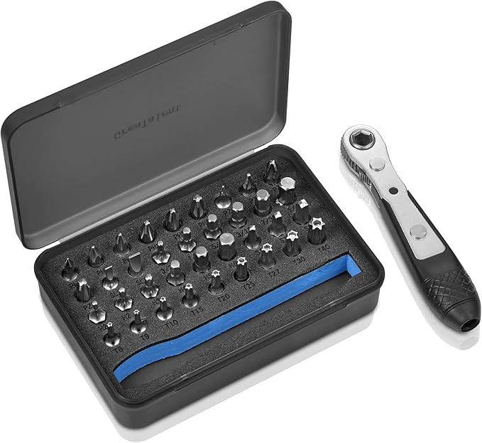 37in1 S2 Steel Mini Ratchet Wrench Screwdriver Bit Set with 1/4" Hex Shank Phillips/Pozidriv/Hexagon/Torx/Slotted/Square Bits, 36-Tooth Gear, Magnetic Bit Holder, 90 Degree Drive Handle
