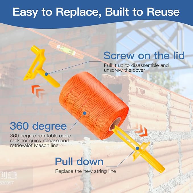 Orange Mason Line String with Post & Pipe Level & 5 Line Levels, #18 540 Feet Braided Construction Nylon Line,String Level Line Kit for Gardening Or Masonry Tools, Kite Twine String or DIY