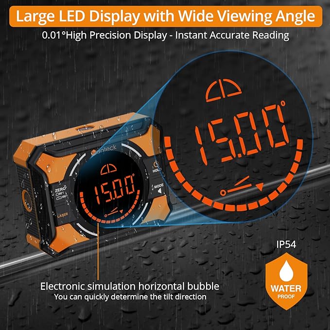 Neoteck Digital Angle Finder with Dual Laser (Class 2 Laser, 1mW Power Output) 4x90/2x180째Angle Gauge with LED Display and Data Hold USB Charging Level Box with Bottom and Back Strong Magnetic