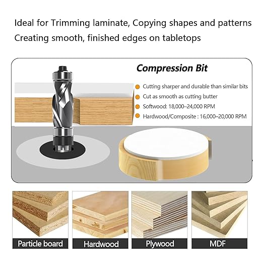 Compression Top and Bottom Bearing Flush Trim Router Bit 1/4 Shank - 1/2" Cutting Dia, Carbide Spiral Up-Down Pattern Template Flush Cut Router Bit, for Wood Trimming