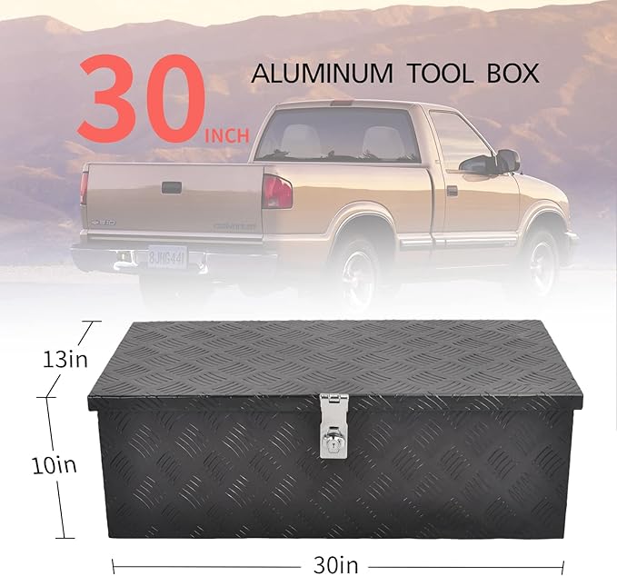 30??Heavy Duty Aluminum Truck Bed Tool Box 5 Bar Tread Waterproof Truck Tool Box Storage Organizer竊똖ruck Box with Side Handle, Lock & Keys,Black (30"X13"X10")