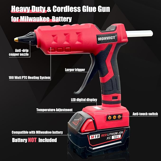 MONVICT Cordless Glue Gun for Milwaukee 18V Battery with 50 Glue Sticks, 100W Upgraded Digital Temperature Adjustable Handheld Electric Power Full Size Heavy Duty Hot Glue Gun (Tools only)
