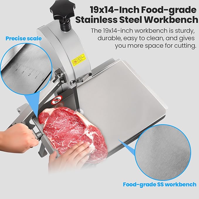 1500W Electric Bone Saw Machine, 19x14" Stainless Steel Worktable, Cuts 0.04-5.0" Thickness, Frozen Meat Cutter with 8 Blades Included, Commercial Bandsaw Machine for Rib Pork Beef