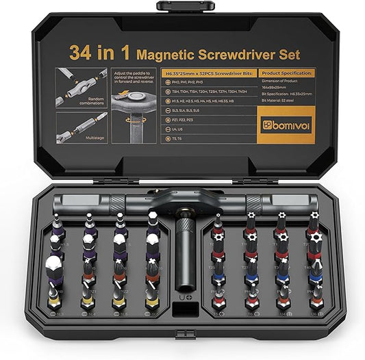 DIY Ratchet Screwdriver Set, Upgraded 34 in 1 Magnetic Screwdriver Set for Christmas Gifts, Switchable Repair Tool Kit with Magnetic Multi Bit, DIY T Handle for Furniture, Computer