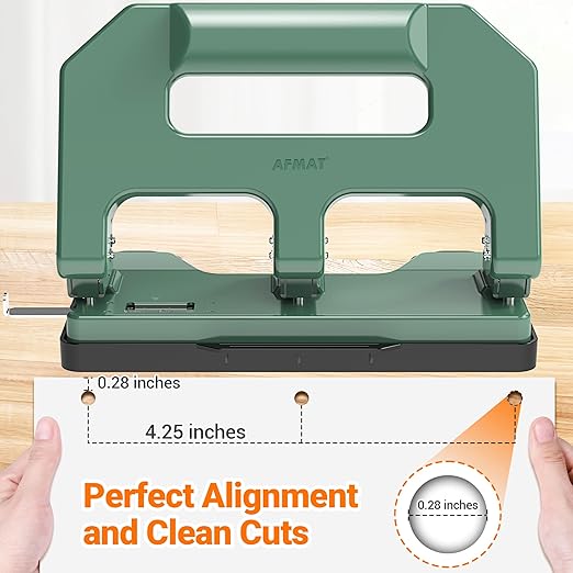 AFMAT Heavy Duty 3 Hole Punch, 3 Hole Puncher for Binder, 40-Sheet Three Hole Punch w/ 10000+ Uses, Metal Hole Puncher 3 Ring, 50% Reduced Effort, 9/32inch Hole, Bulit-in S.S. Paper Guide HPX1(Green)