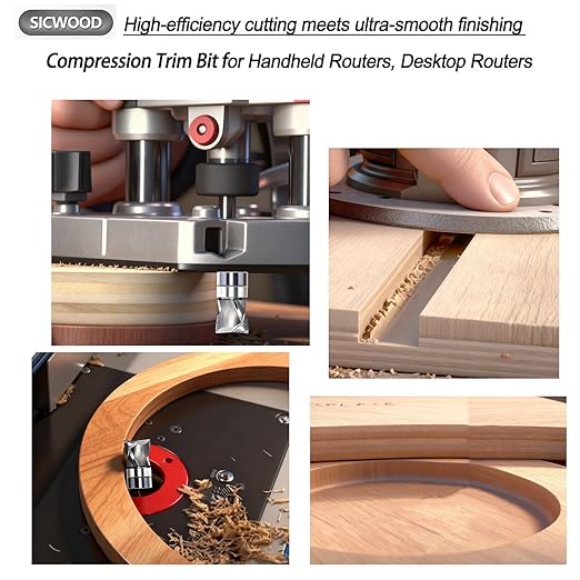 Solid Carbide Compression Flush Trim Router Bit 1/4 Shank, 2+2 Flute, 1/2" Diameter, 1/2" Cutting Length, Pattern and Mortising Trim Router Bit, Template Top Bearing Router Bit