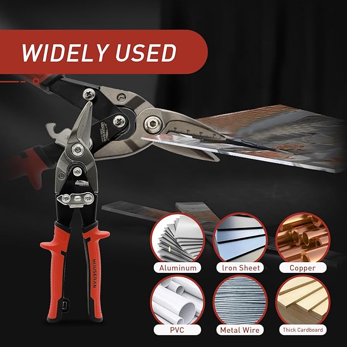 10 Inch Aviation Snips, Left Cut Offset Tin Snip, Heavy Duty CR-MO Tin Cutters with Double Lever, Scale Markings & Safety Lock, Sheet Metal Snips, Shears Scissors for Cutting Metal Sheet