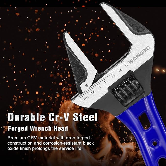 WORKPRO 6-Inch Stubby Adjustable Wrench, 1.5-Inch Extra Wide Jaw Opening Wrench, Metric/SAE Scales, Cr-V Steel, Ideal for Work in Confined Spaces