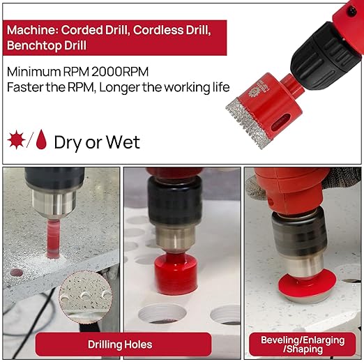 FOCSTOL Diamond Core Drill Bit Set - 7pcs (6/8/10/20/35mm+35mm Beveling Chamfer Bit+6mm Carbide Drill Bit) Diamond Hole Saw Kit for Porcelain Ceramic Tile Marble Granite