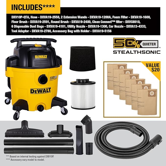 DEWALT 10 Gallon Stealthsonic Wet/Dry Vacuum, 5 Peak HP Ultra-Quiet Shop Vac with Full Accessory Kit & 6 Bonus Dust Bags, 1-7/8 in. x 7 ft. Hose for Job Sites, Workshops & Garages