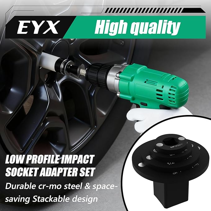 Socket Adapter Set, 4PC Low Profile Impact for Tight Spaces - Fits Square Head 1/2" 1/4" 3/8" Hex Key Socket Wrench & AD Connecting Rod, Includes Drive Converters